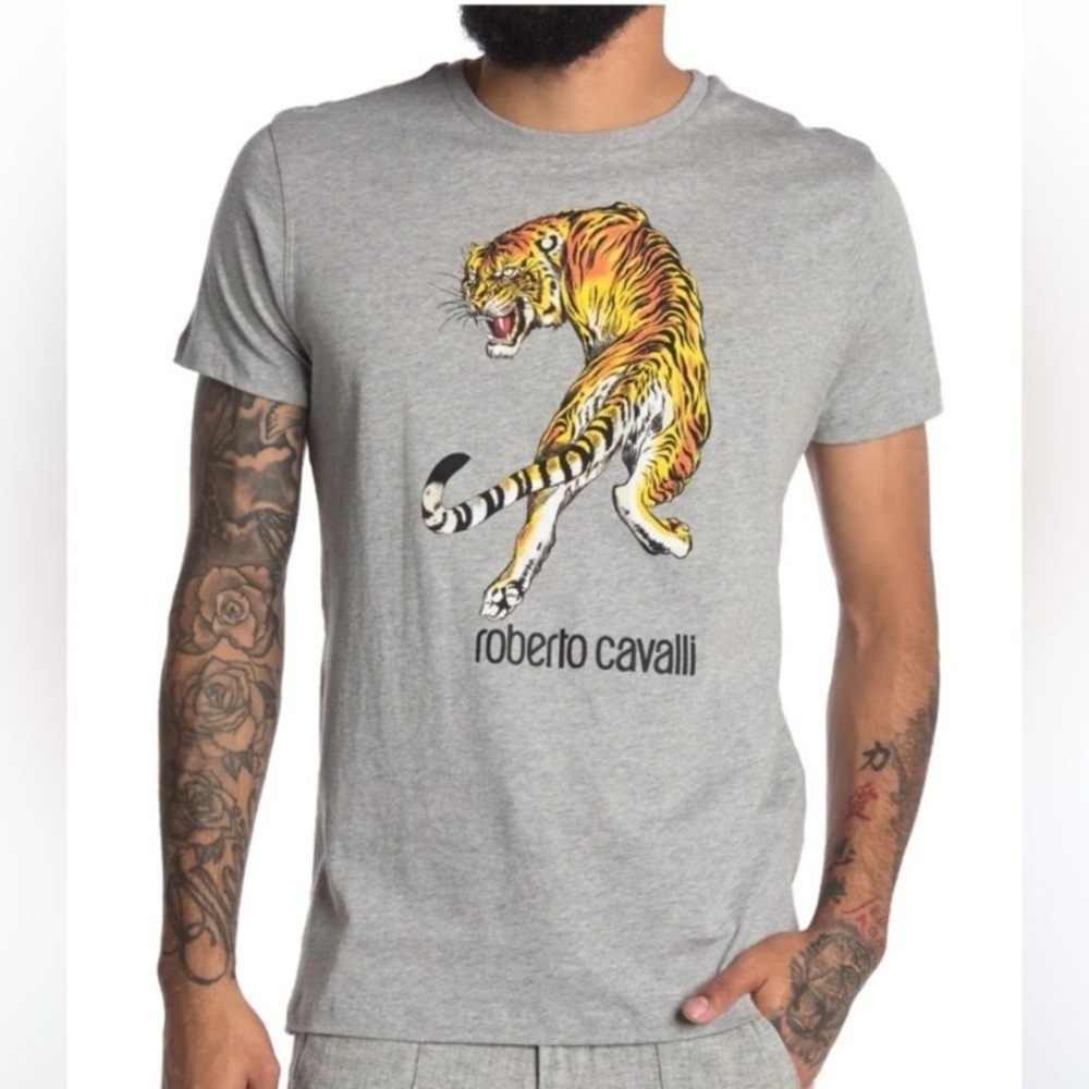Roberto Cavalli Gray Graphic T-Shirt Large